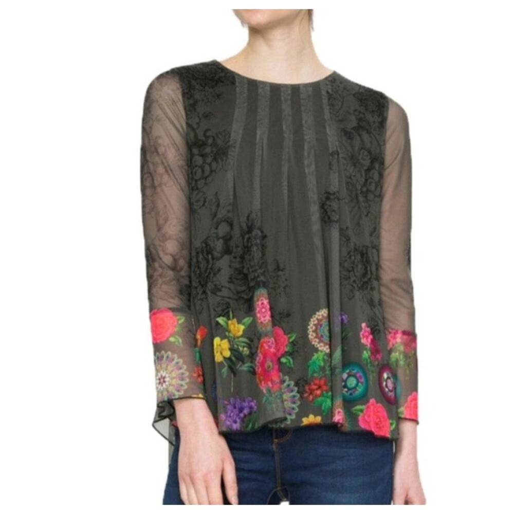 Desigual Rachel Sheer Mesh Floral Embroidered Top